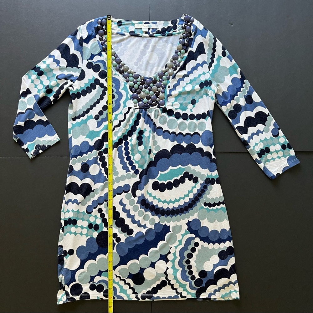 Boden Size US 8 Beaded V-Neck Dress Blue Teal Abstract Print Stretch Jersey - Picture 4 of 11